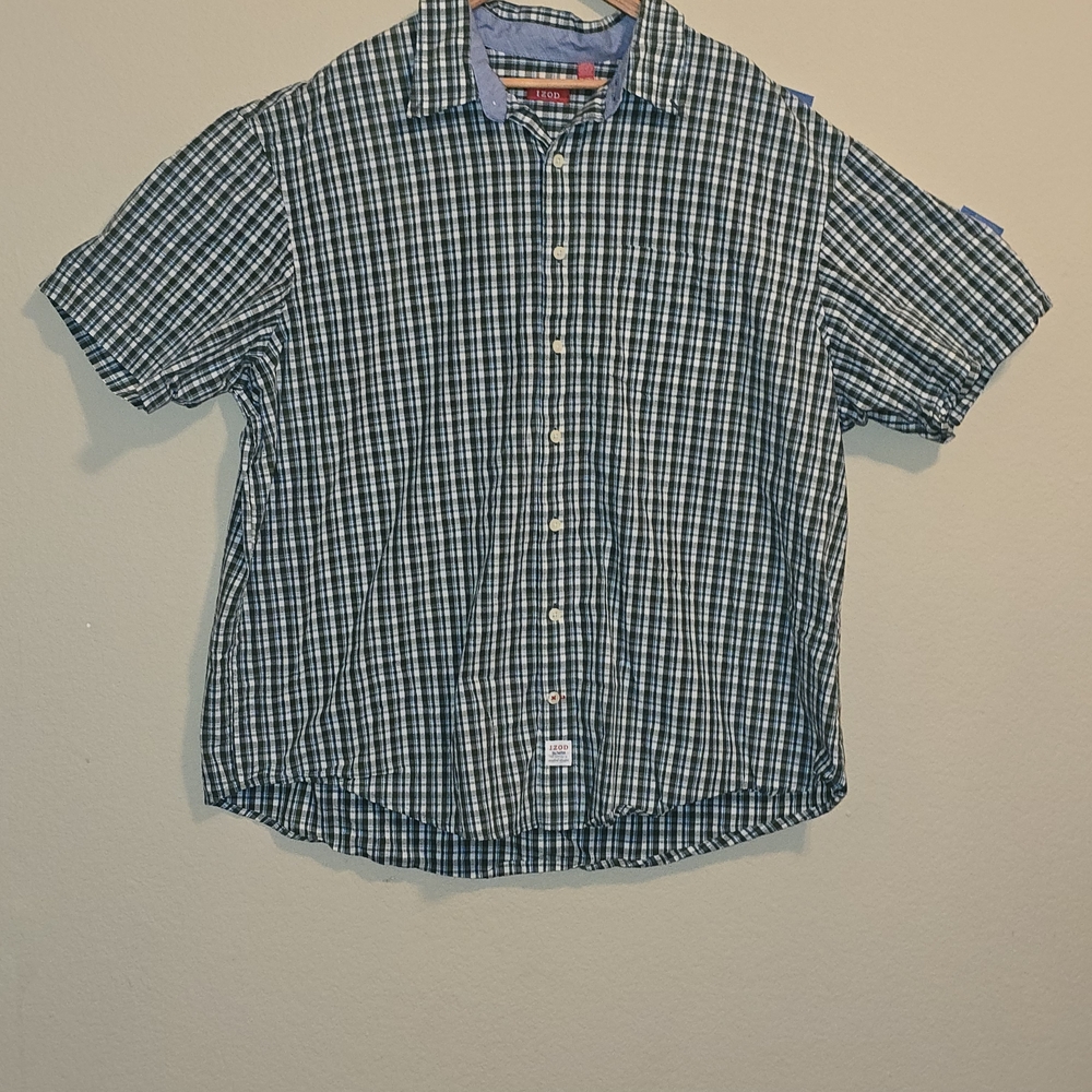 Izod Men's Green, Blue and White Plaid Button Down Shirt 3XL